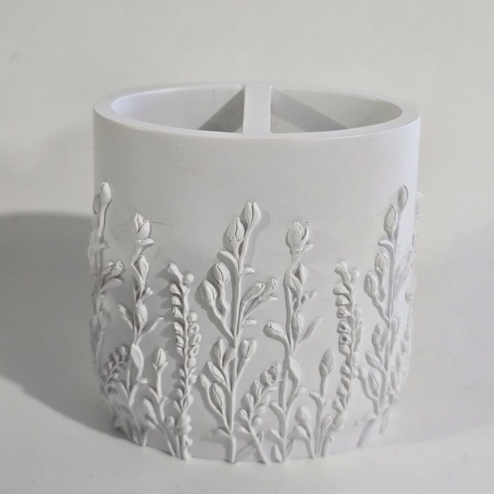 Toothbrush Holder - Ceramic Floral Embossed Bathroom Cup Unglazed - White Matte